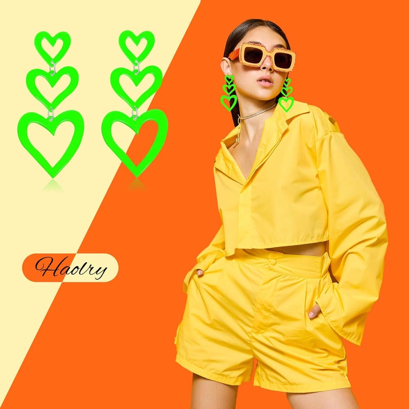 HOLYRY Neon Heart Earrings for Women Acrylic Neon Earrings 80s 90s Outfit for Women Glow Party Accessories Gifts Hot Pink Orange Green Yellow - Image 5
